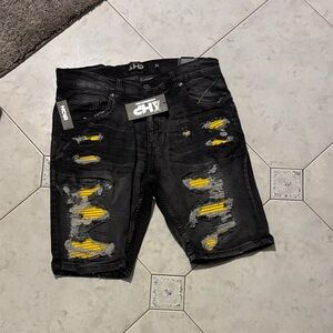 Black and Yellow Distressed Jean Shorts